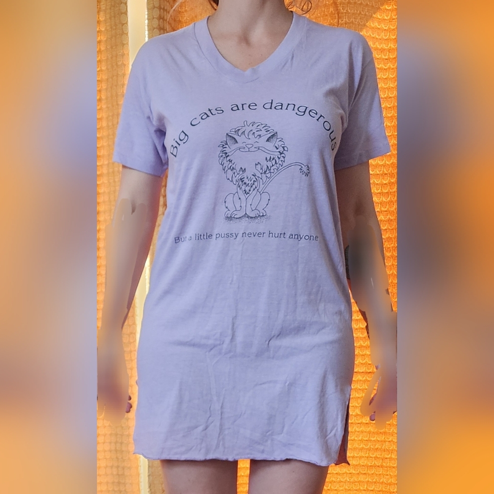 Vintage bodycon purple v-neck funny cat nightgown tunic tshirt soft feel S M